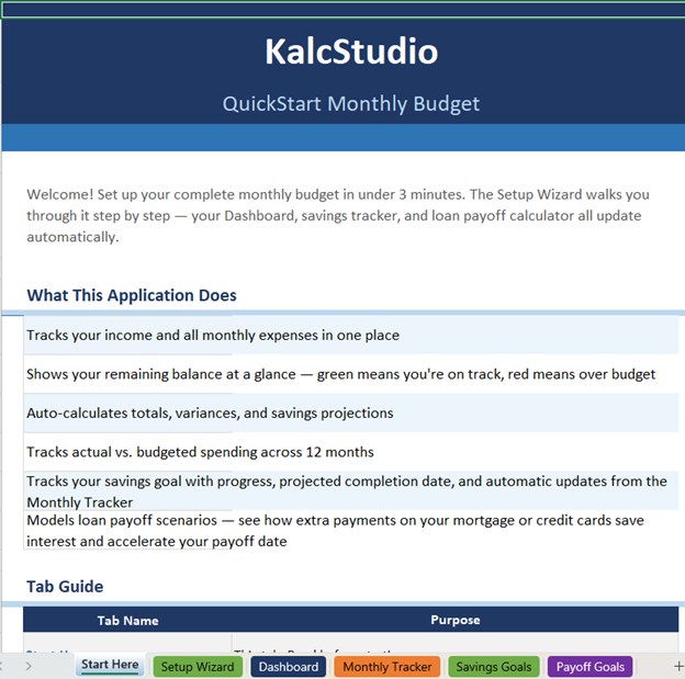 QuickStart Monthly Budget